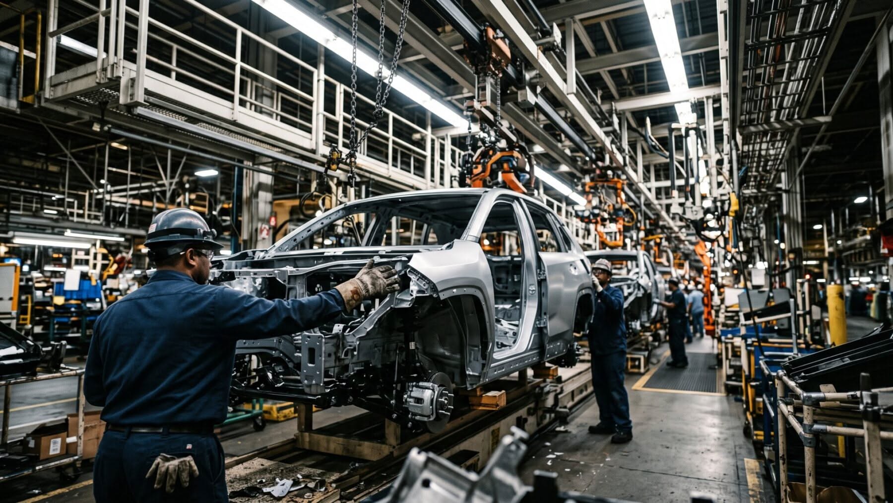 Workers assembling vehicle bodies on a car factory production line